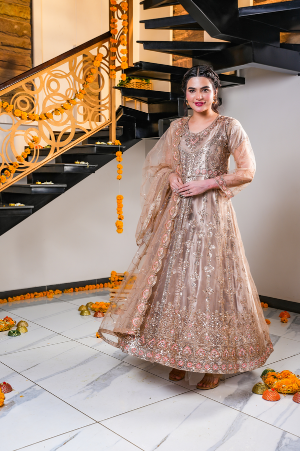 Rust Elegance Split Cut Embroidered Dress