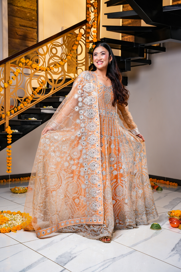 Peach Silver Embroidered Festive Dress