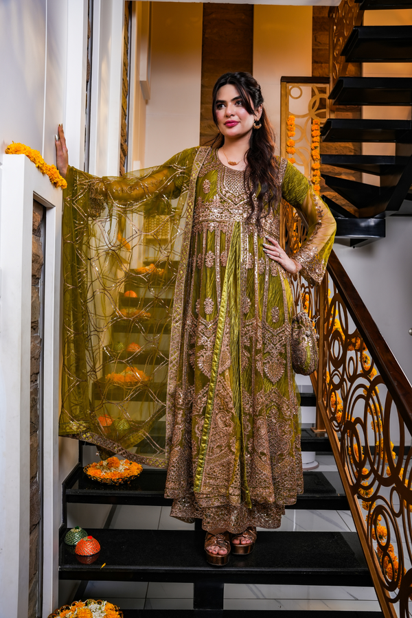 Moss Green Embroidered Split Cut Dress