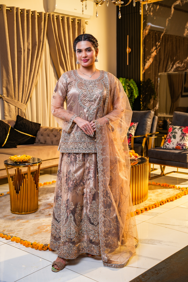 Rust Brown Embroidered Sharara Set