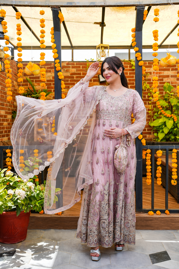 Pink Embroidered Net Dupatta Outfit