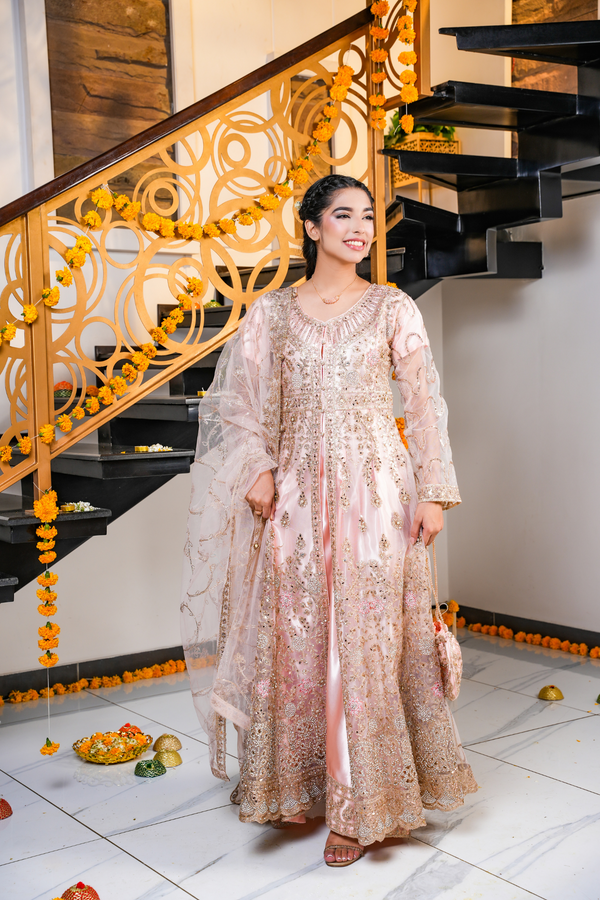 Peach Blossom Split Cut Embroidered Dress