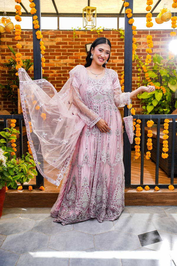 Pink Twilight Split Cut Embroidered Dress