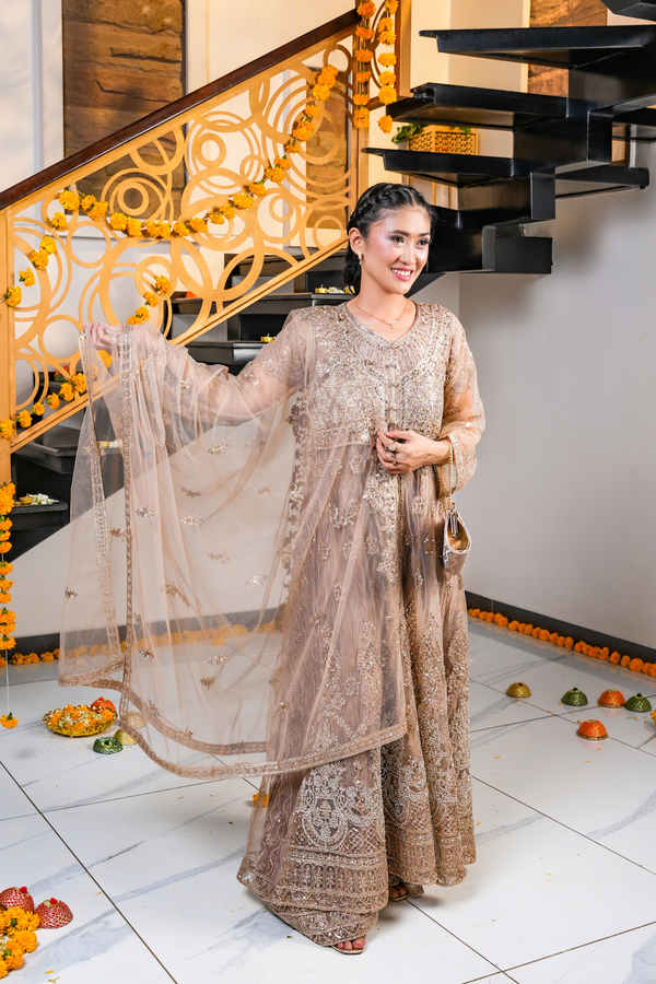 Golden Mist Split Cut Embroidered Dress