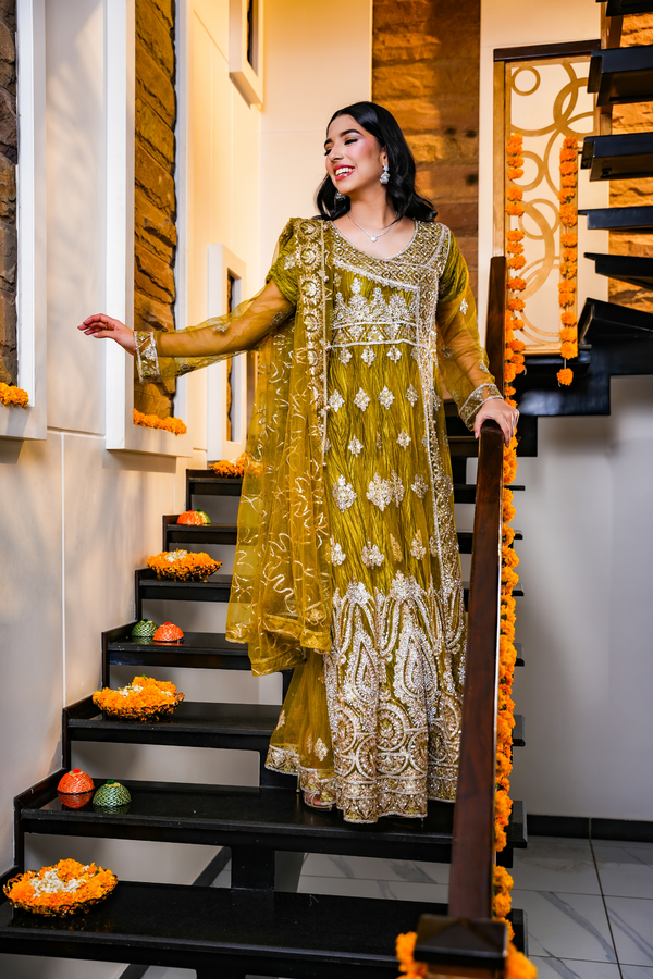 Olive Gleam Silver Embroidered Side Cut Dress