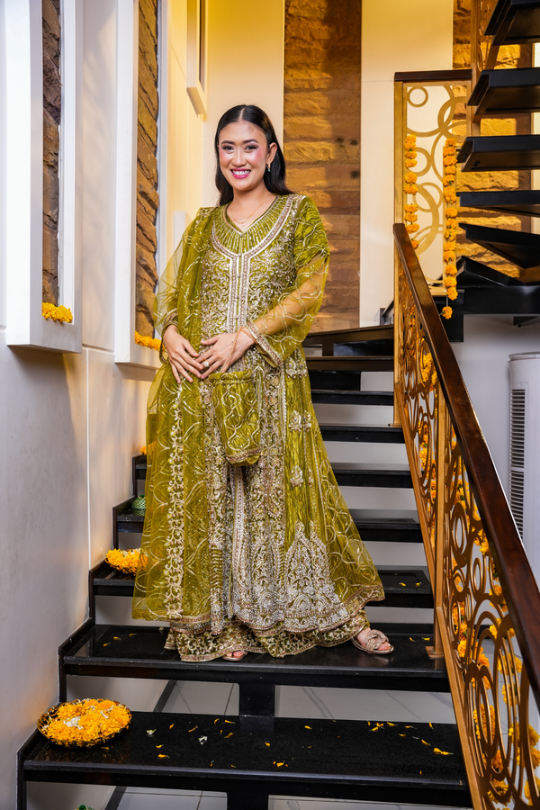 Light Olive Charm Embroidered Split Cut Dress