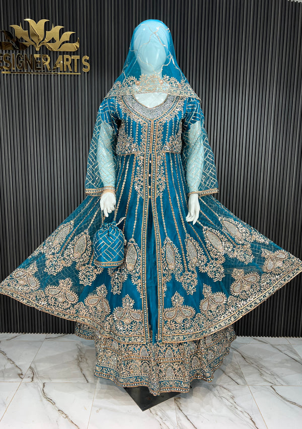 Golden And Copper Embroidered Blue Coat Style Dress