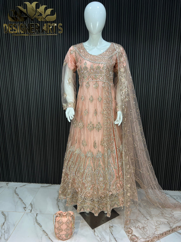 Peach Pink Gleam Silver Embroidered Side Cut Dress