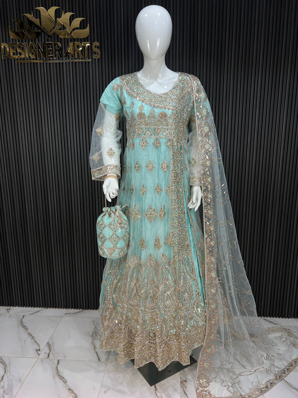 light Ferozi Gleam Silver Embroidered Side Cut Dress