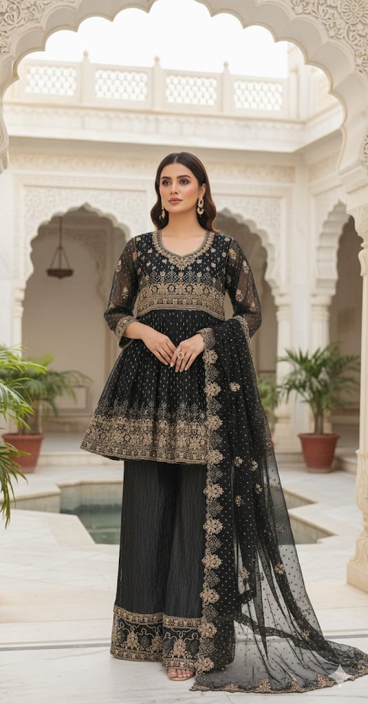 Midnight Grace Embroidered Net Ensemble